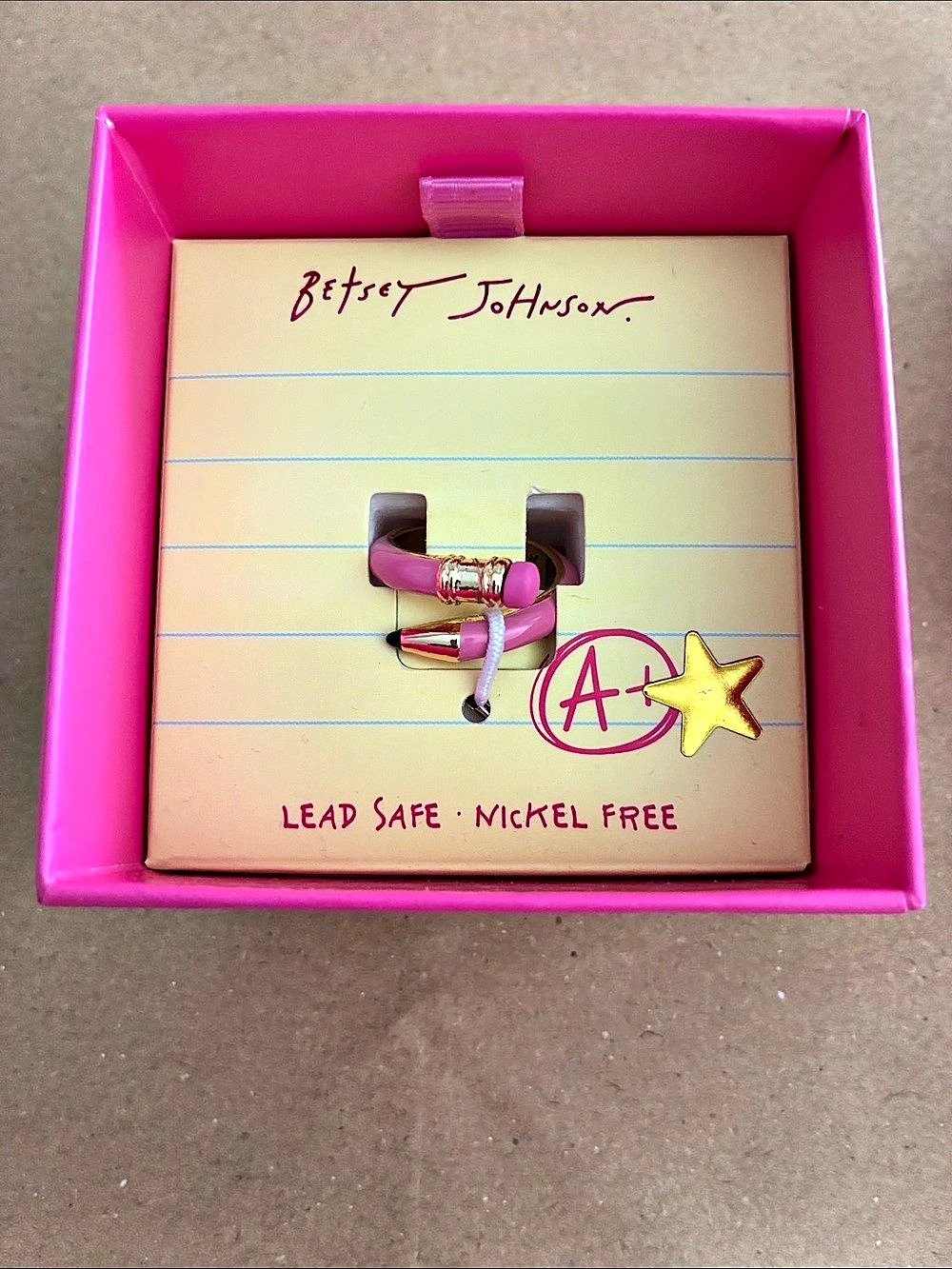 Betsey Johnson Back to School Pencil Wrap Ring Pink & Gold 7.5